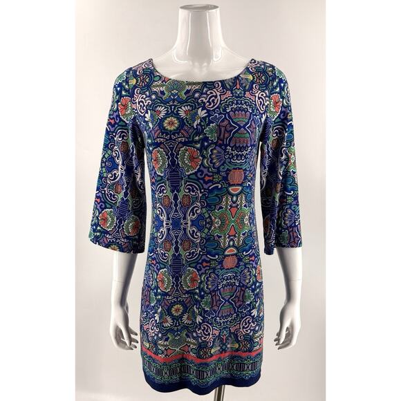 Laundry Shelli Segal Dress Size XS Blue Green Colorful Bell Sleeve Cutout Back - Picture 1 of 7